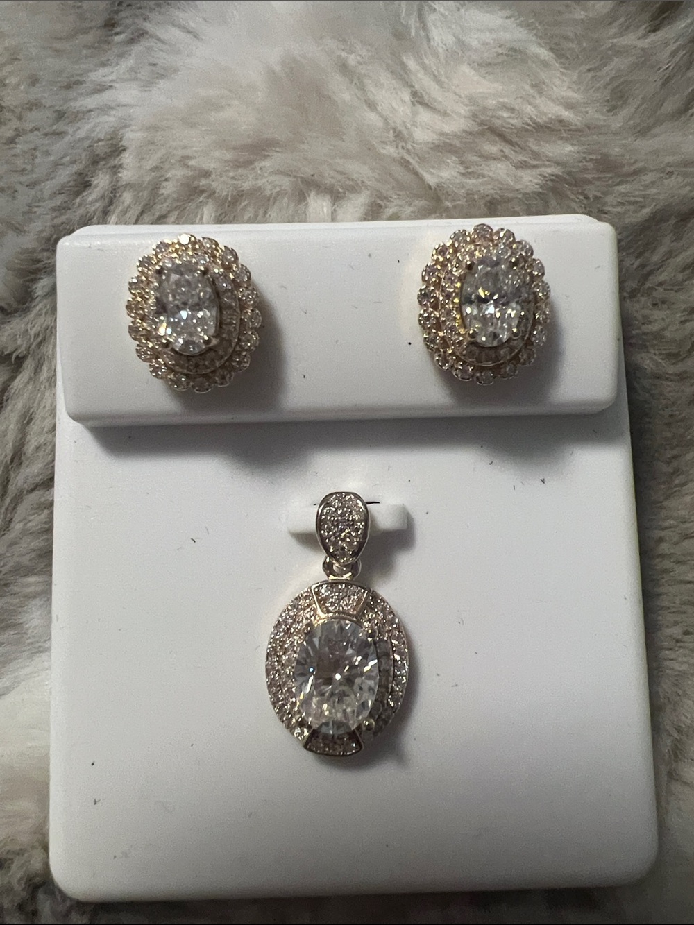 Gold-Tone Clear Crystal Oval Halo Earrings and Pendant Set